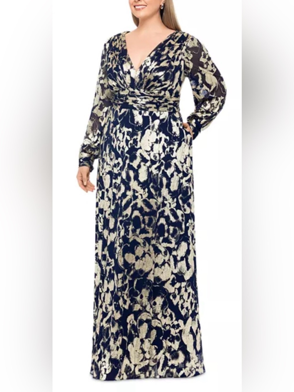 NEW Betsy & Adam Floral Metallic Long Sleeve A-Line Gown Sz 16 - Picture 2 of 8